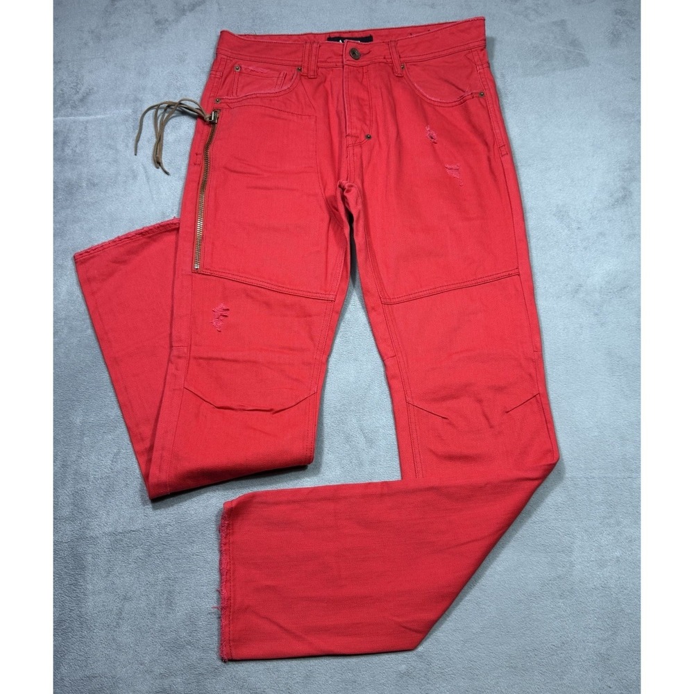 Akoo Jeans Mens 32x34 Red Skinny Distressed Stacked Moto Biker Y2K Big Oak Fit